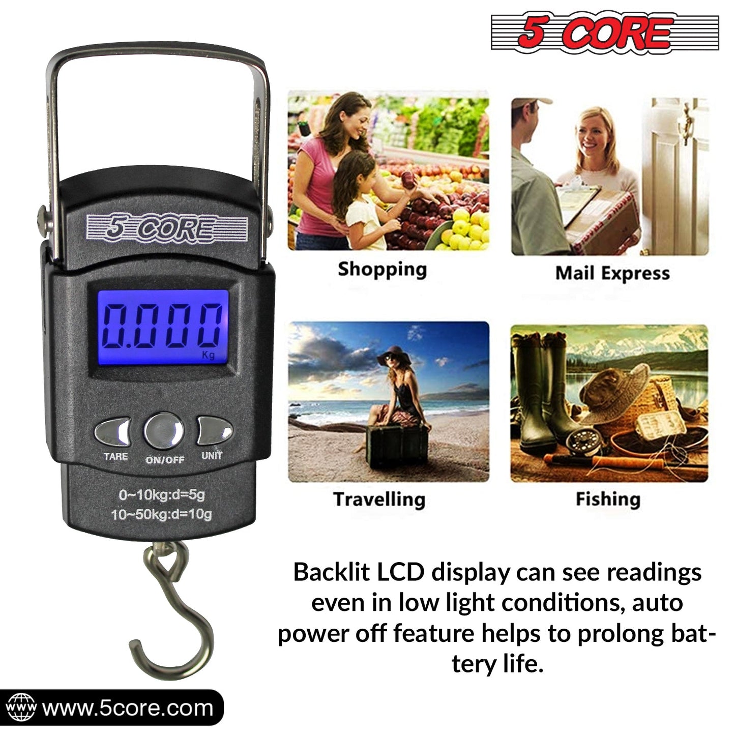 5Core Digital Luggage & Fishing Scale - 110lb/50kg LCD Display with Built-in Tape Measure