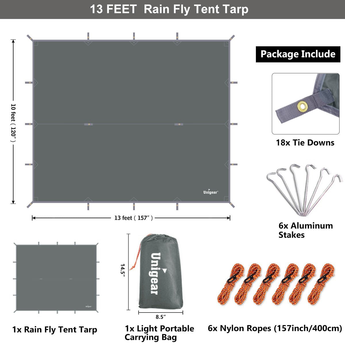 Waterproof Camping Rain Fly Tarp - 10x10ft Hammock Shelter with 210T Ripstop Material