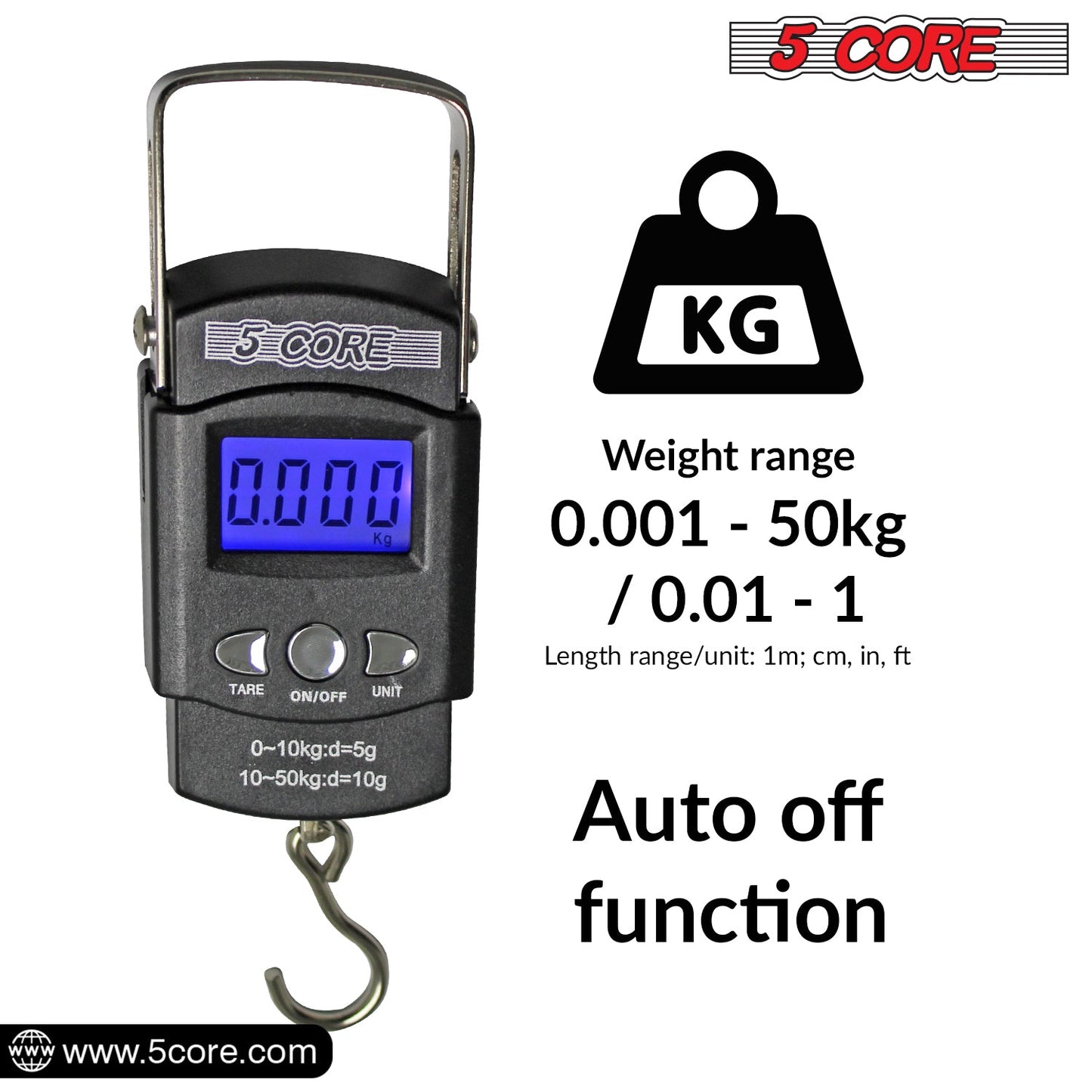 5Core Digital Luggage & Fishing Scale - 110lb/50kg LCD Display with Built-in Tape Measure