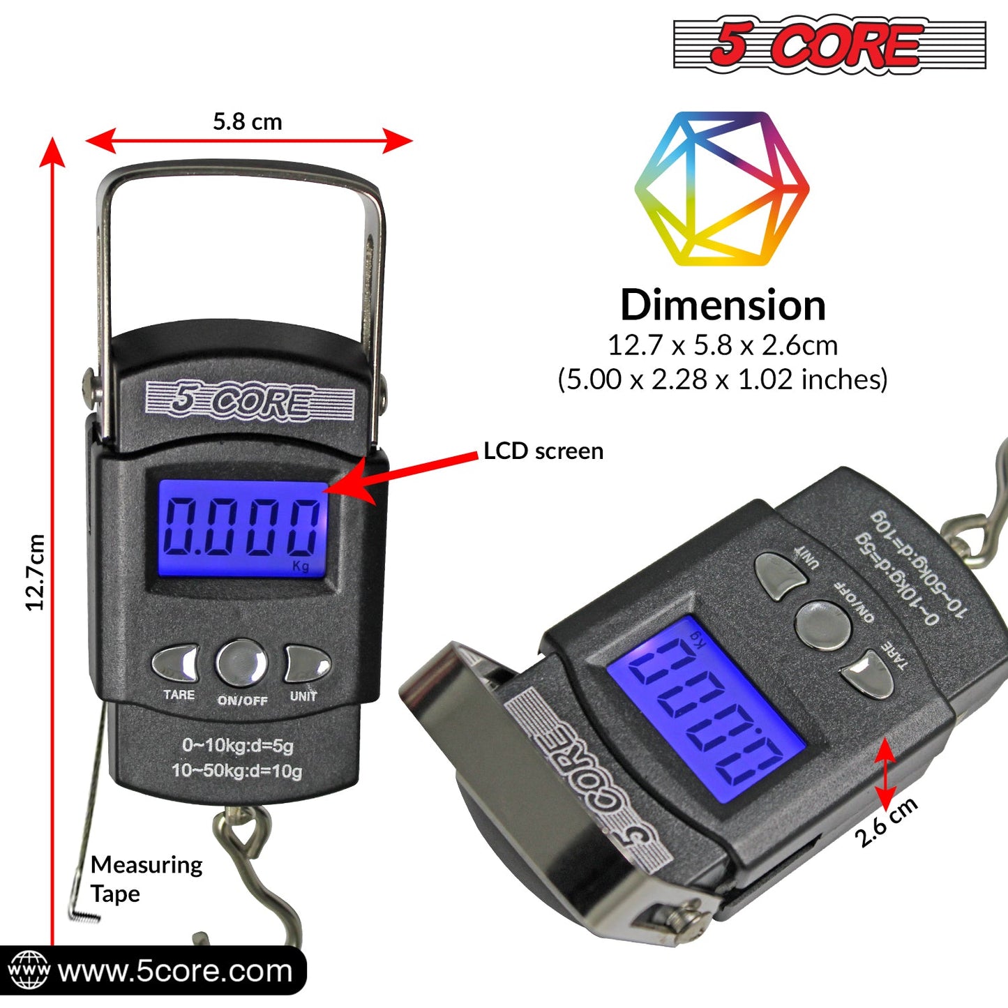 5Core Digital Luggage & Fishing Scale - 110lb/50kg LCD Display with Built-in Tape Measure