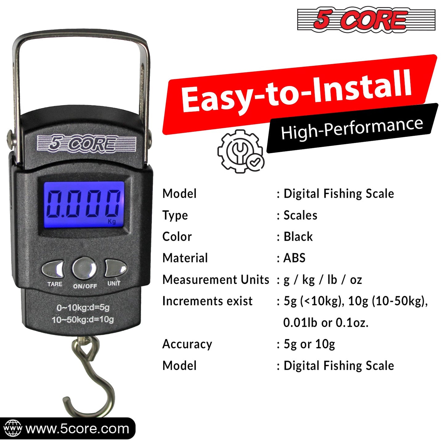 5Core Digital Luggage & Fishing Scale - 110lb/50kg LCD Display with Built-in Tape Measure