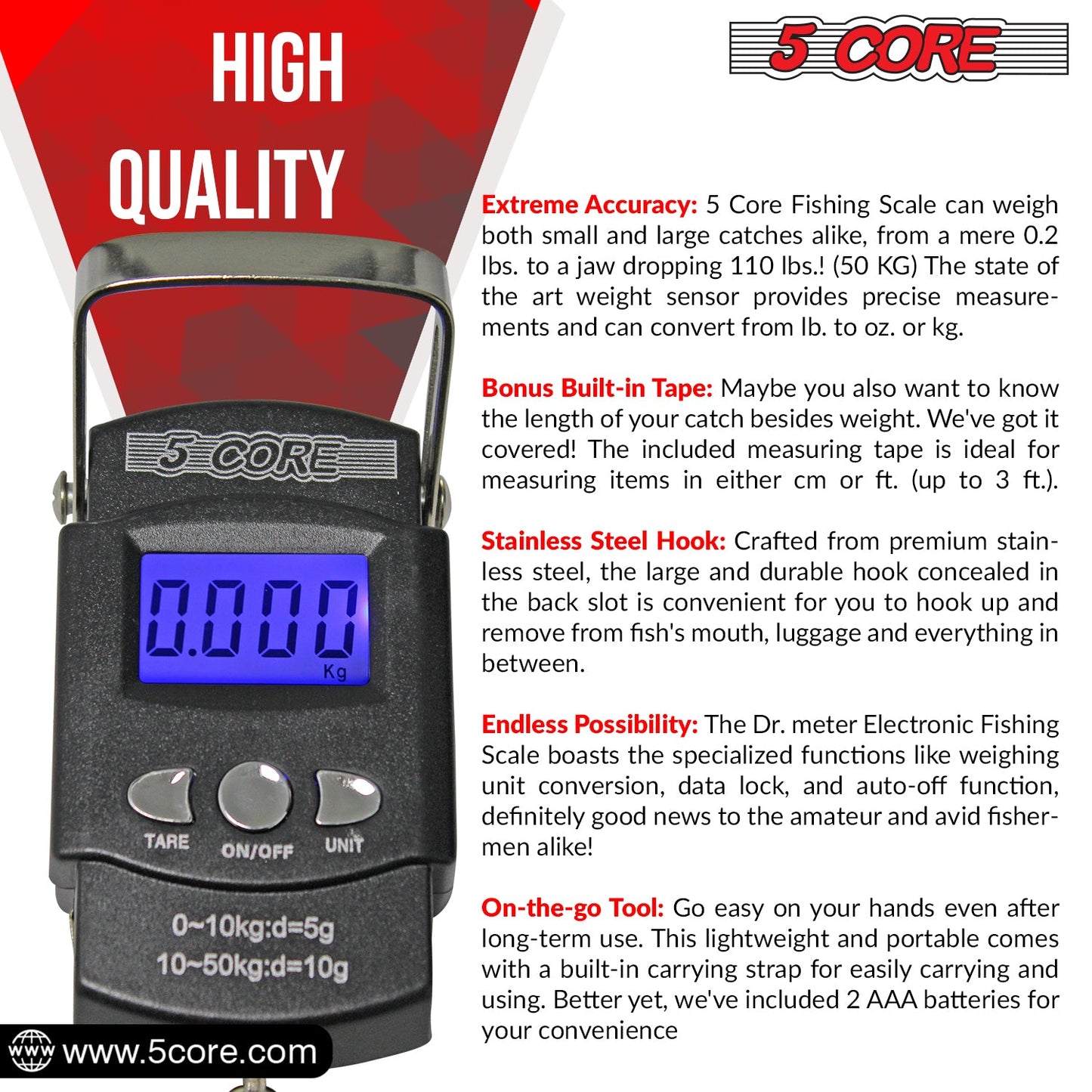 5Core Digital Luggage & Fishing Scale - 110lb/50kg LCD Display with Built-in Tape Measure