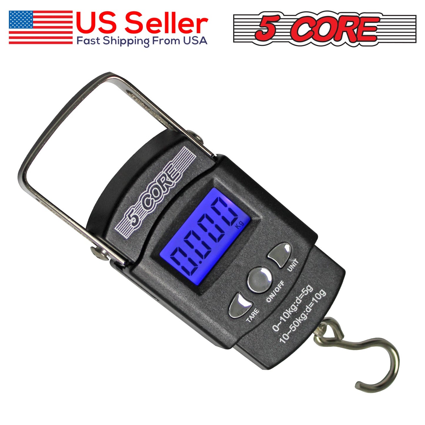 5Core Digital Luggage & Fishing Scale - 110lb/50kg LCD Display with Built-in Tape Measure