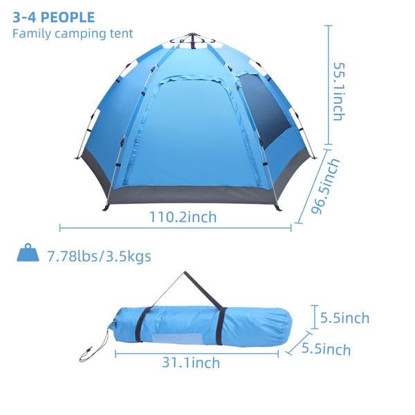 Instant Pop-Up Family Camping Tent - Waterproof 4-Person Automatic Setup with Double Doors