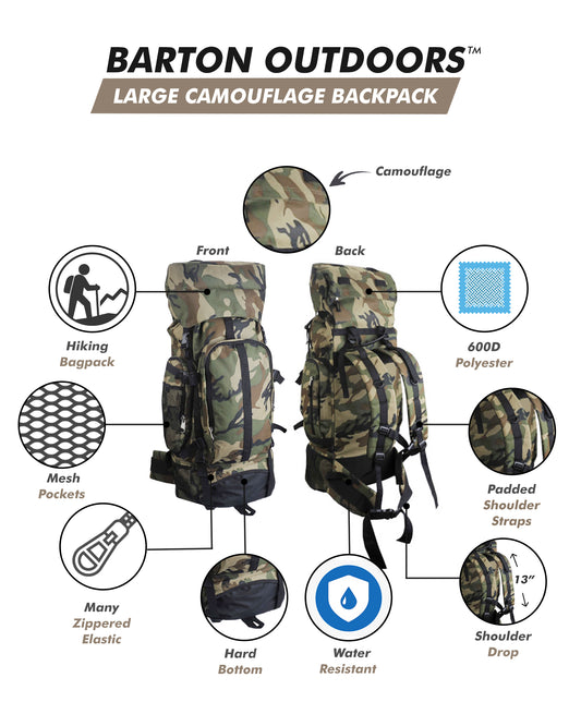 30" Mountaineer's Waterproof Backpack - Heavy-Duty Camo Hiking Pack with Padded Straps