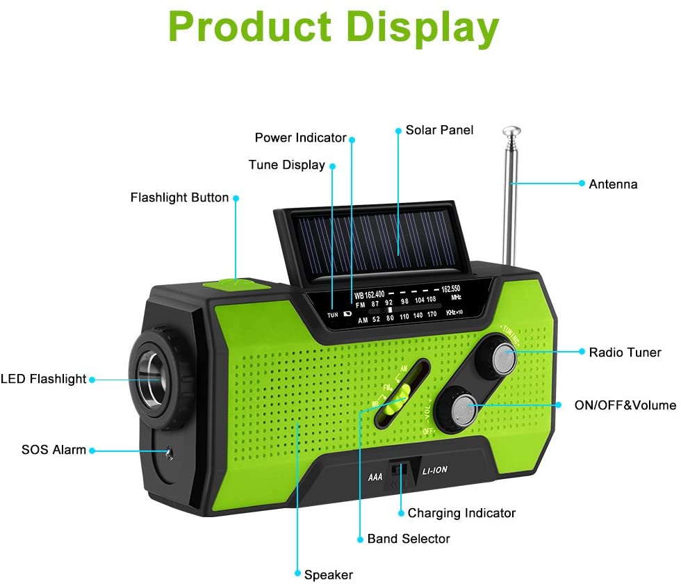 4-in-1 Emergency Solar Hand Crank Radio - 2000mAh Power Bank with NOAA Weather Alert