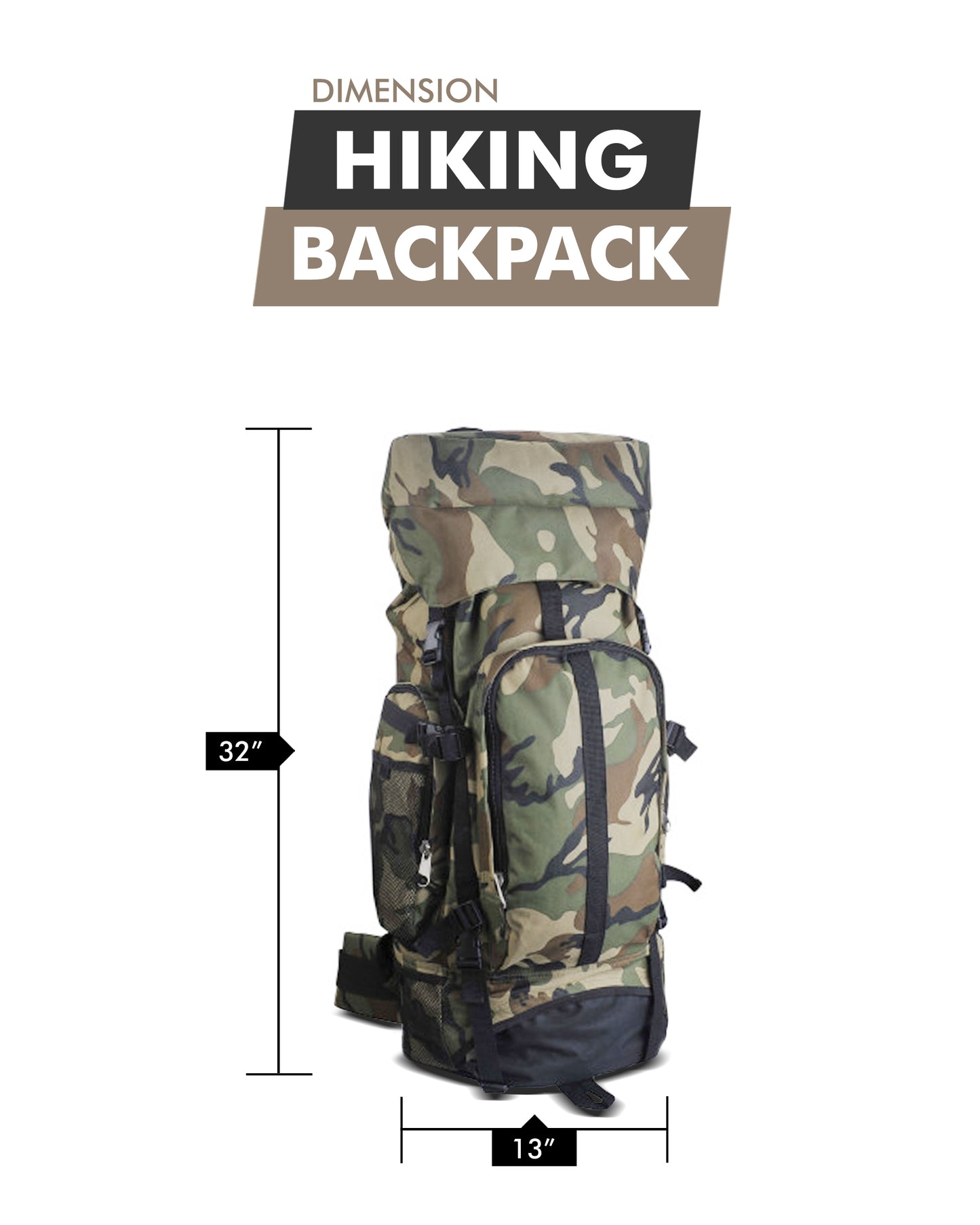 30" Mountaineer's Waterproof Backpack - Heavy-Duty Camo Hiking Pack with Padded Straps