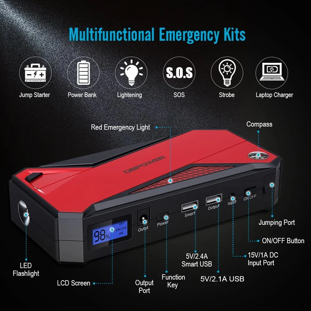 18000mAh Portable Car Jump Starter - 800A Peak Battery Booster with LED Emergency Light