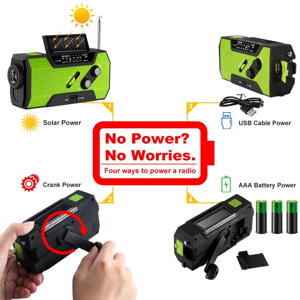 4-in-1 Emergency Solar Hand Crank Radio - 2000mAh Power Bank with NOAA Weather Alert