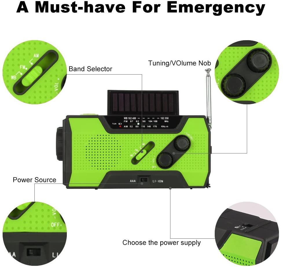 4-in-1 Emergency Solar Hand Crank Radio - 2000mAh Power Bank with NOAA Weather Alert