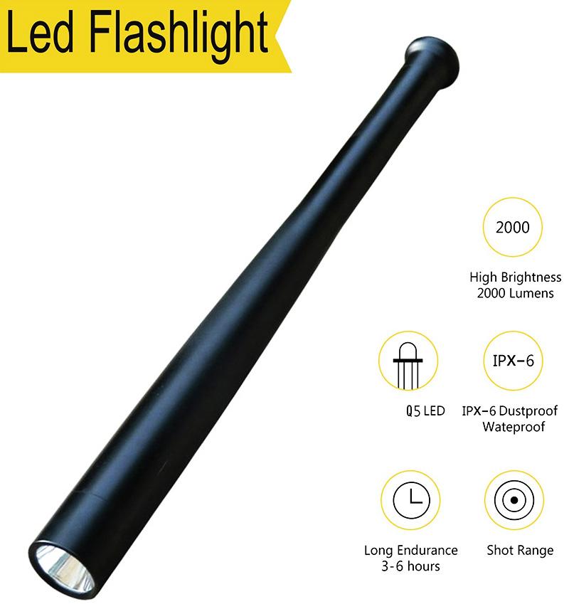 T6 LED Tactical Baseball Bat Flashlight - 450LM Rechargeable Security Defense Torch