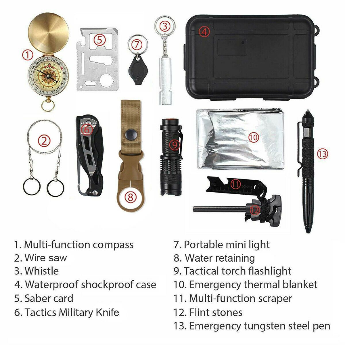 14-in-1 Emergency Survival Kit - Compact Outdoor SOS Tactical Gear Set with EDC Case