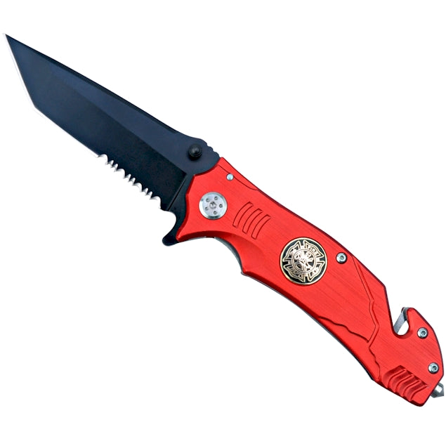 Folding Fire Fighter Knife - Firefighter Design - 3" Black Steel Blade